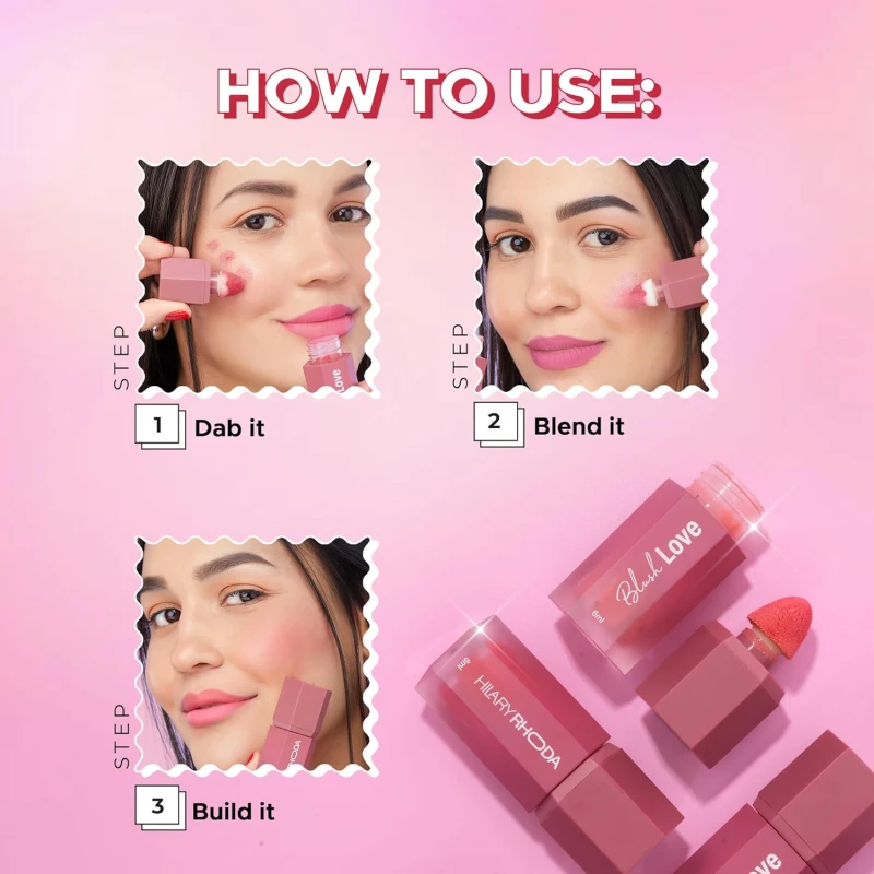 Hilary Rhoda Blush Love Liquid Blush For Women | Highly Pigmented Blush | Super Dewy Finish | Built-in Sponge | Easy to Apply | Available in 6 Shades | Cruelty-free & Vegan | All Day Wear | Buildable Formula & Leak-Proof - 6ml (Drama | Shade 02) - Thumbnail 6